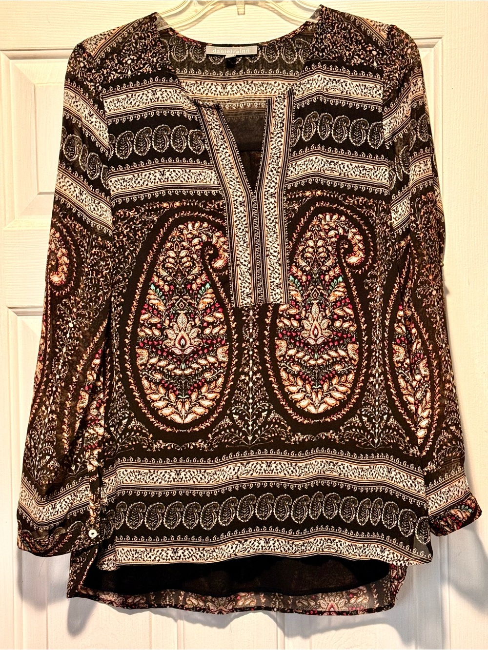 Daniel Rainn Brown Paisley Split-V Neck Tunic Top